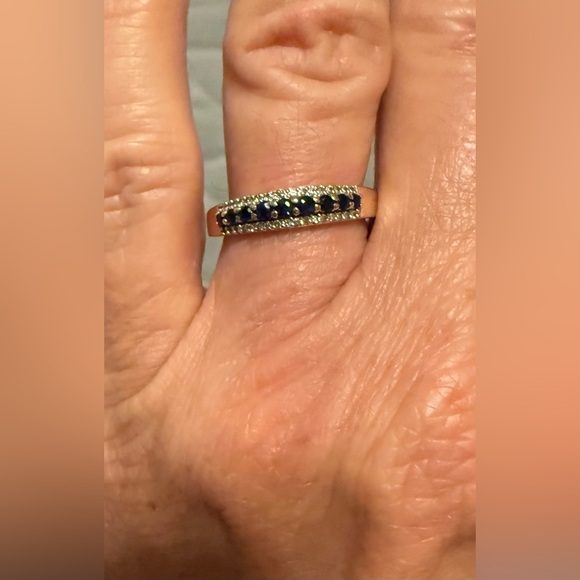 Round Sapphire and White Diamond Womens Wedding Band, 10K Solid Yellow Gold - Picture 2 of 3